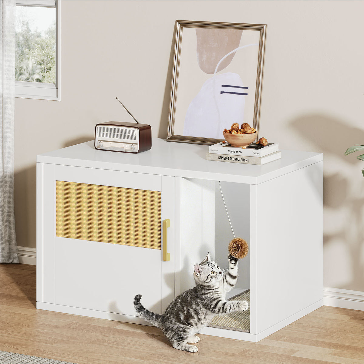 Cat Litter Box Cabinet Multifunctional White Modern Cat House Washroom End Table For Bedroom Living Room