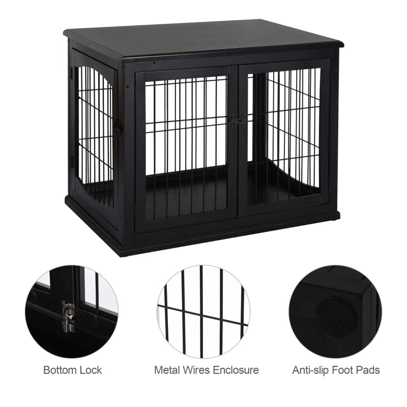 Crate Furniture, 32Small Dog Cage End Table With 2 Doors, Lockable Door, Puppy Kennel Indoor, Black