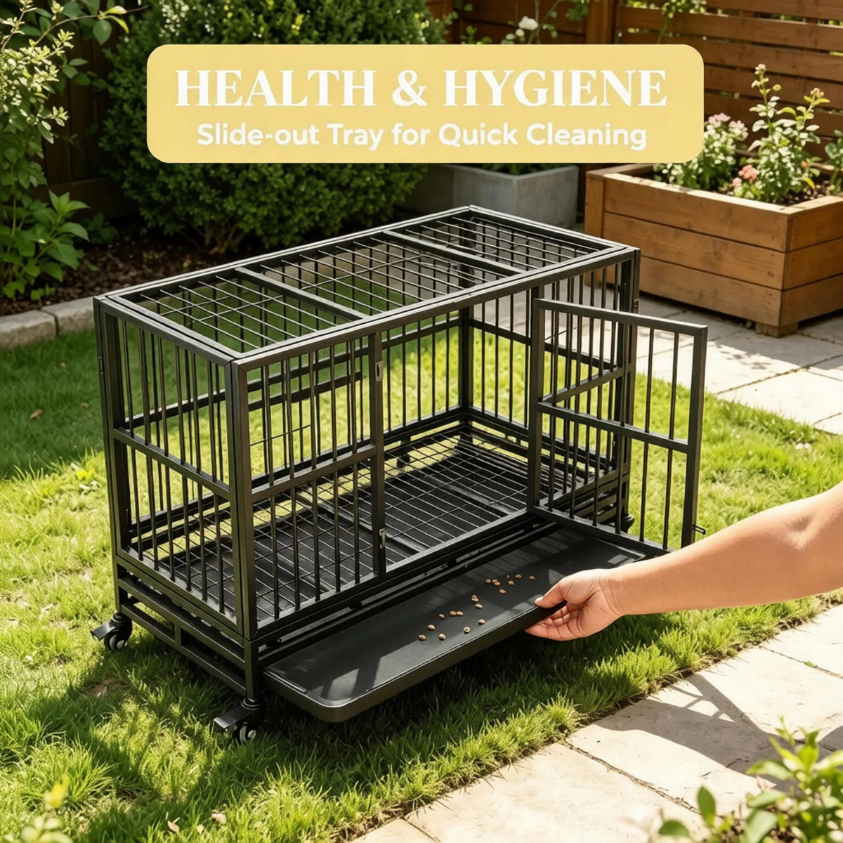 48" Heavy Duty Metal Dog Crate Kennel with Lockable Wheels Double Door Removable Tray Gray