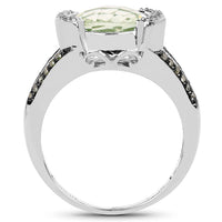 3.59 Carat Genuine Green Amethyst, Green Diamond & White Diamond .925 Sterling Silver Ring
