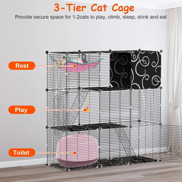 3-Tier Cat Cage Enclosure Indoor Cat Cage Playpen With Hammock Toy Ball Ladder DIY Iron Wire Cat House Kennels Crate For