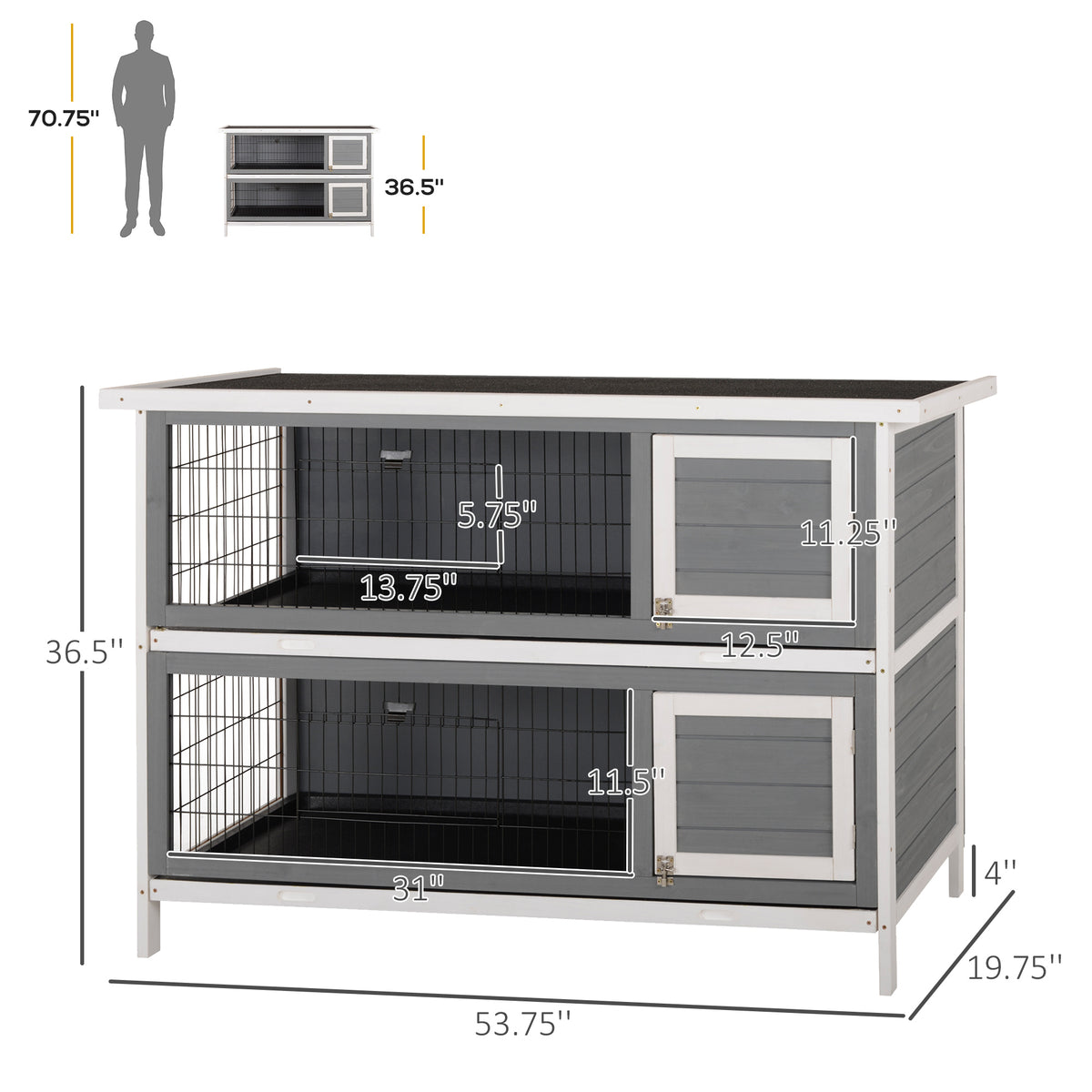 54" 2-Story Large Rabbit Hutch Bunny Cage Wooden Pet House Small Animal Habitat with Lockable Doors, No Leak Tray and wa