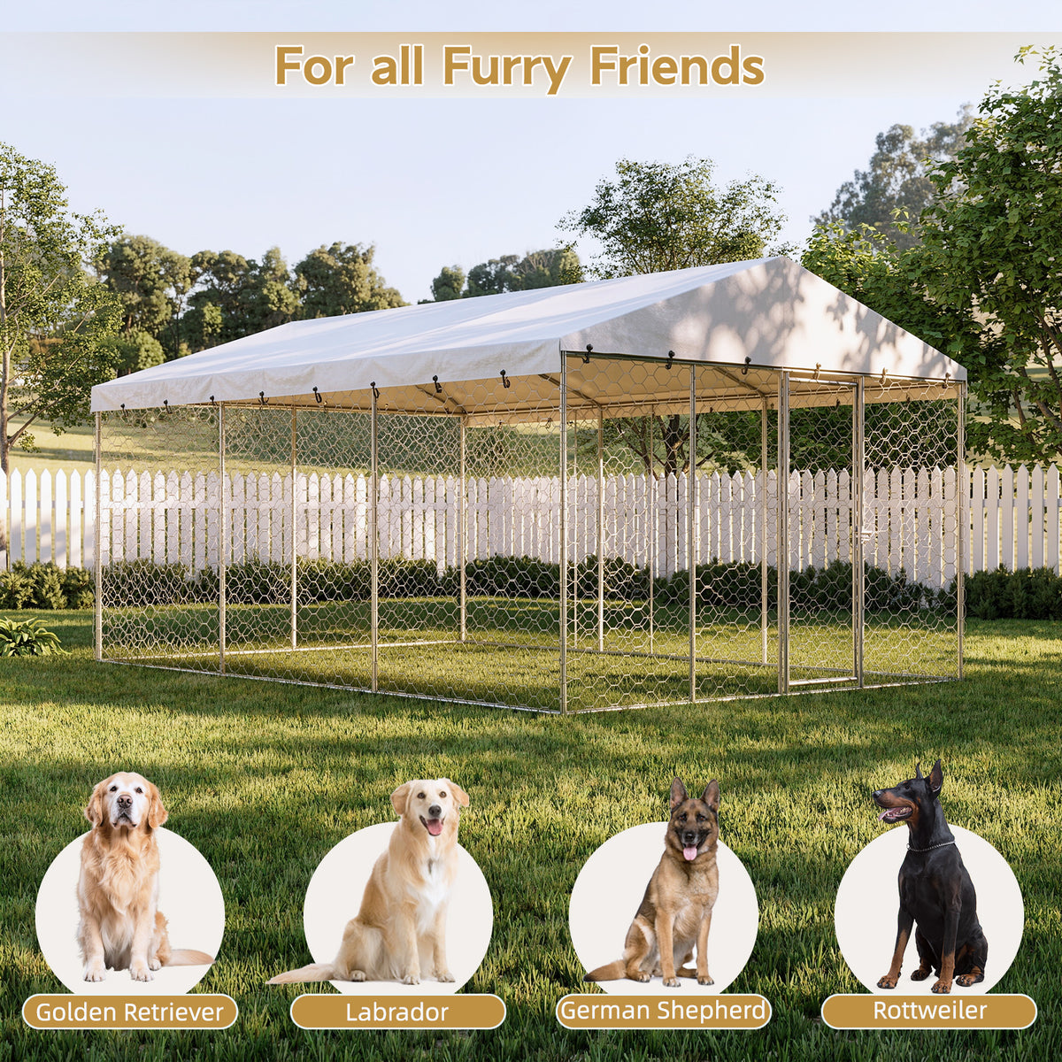 15x10 FT Large Outdoor Dog Kennel with Canopy, Heavy Duty Galvanized Steel Frame, Waterproof Cover, All-Weather Protecti