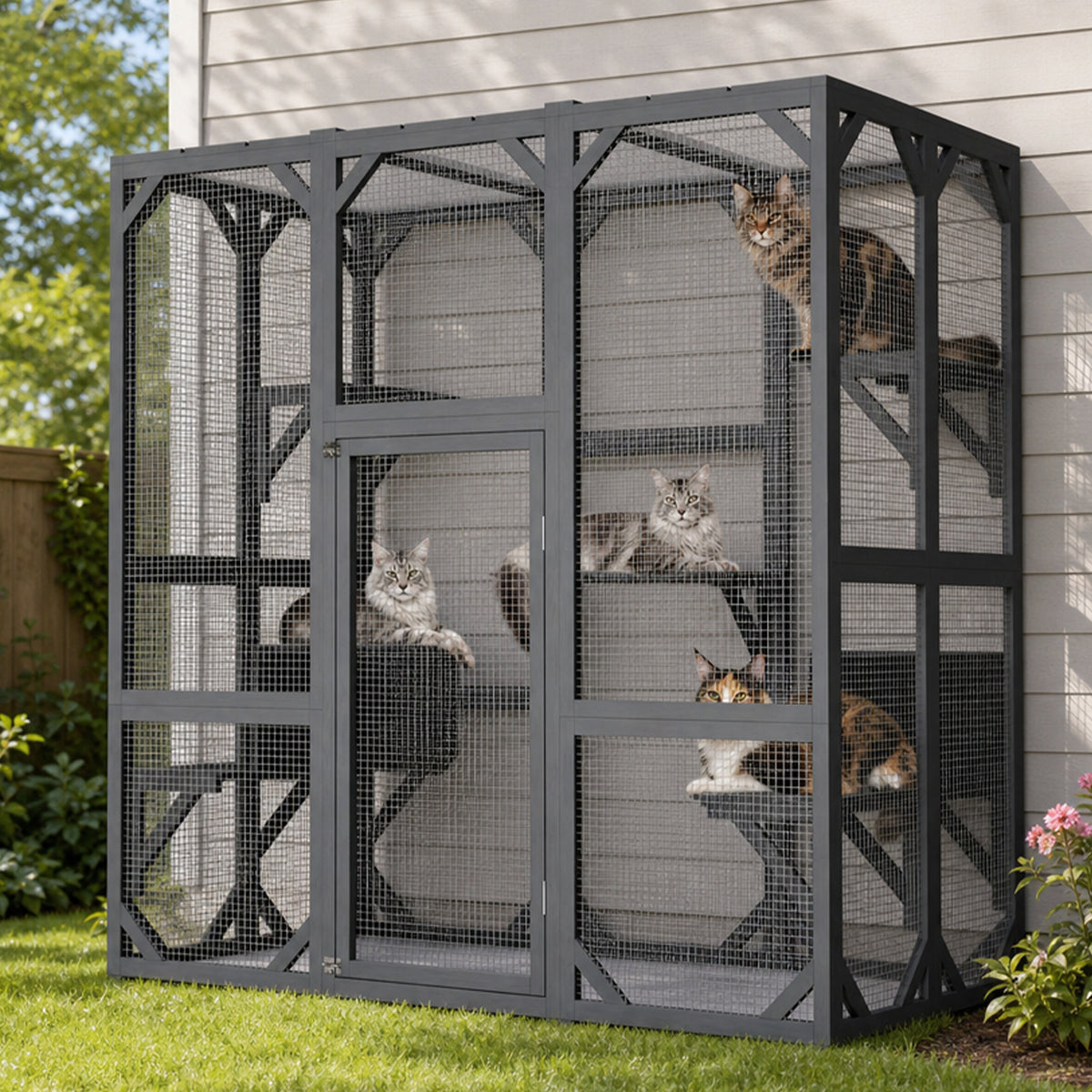 71" x 37" x 71" Outdoor Cat Enclosure, Large Wooden Cat Cage with Mesh Panels & Waterproof Roof, Well-Ventilated & Escap