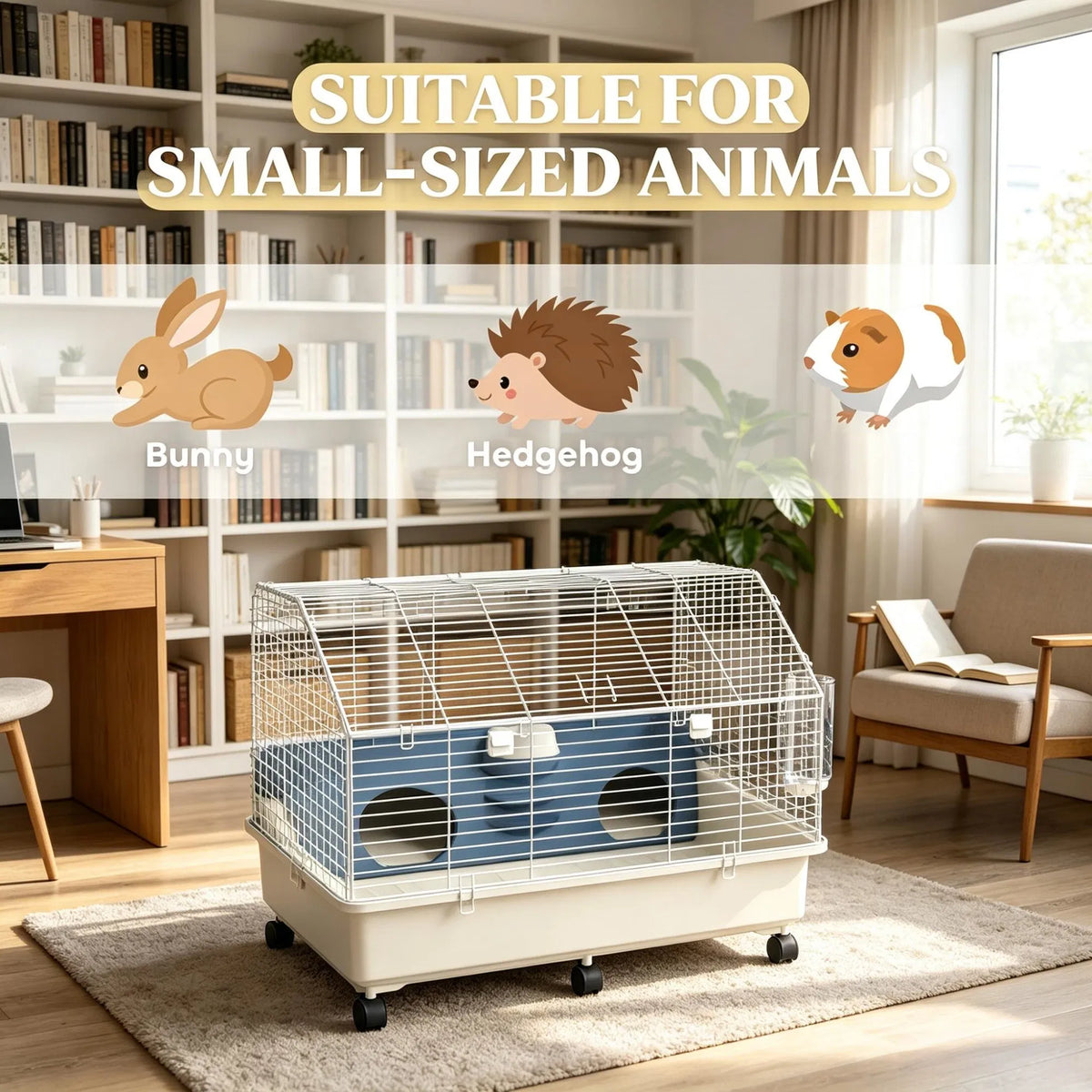 35"35"25" Rolling Small Animal Cage with Water Bottle Hay Feeder Food Dish for Rabbits Hedgehogs Guinea Pigs