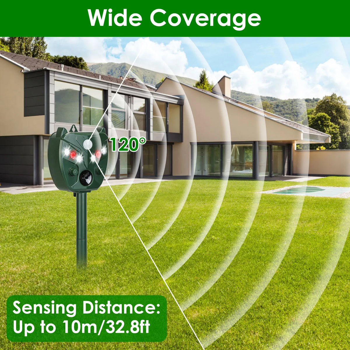 5Setting Outdoor Ultrasonic Deterrent Unit, Solar and Micro USB Dual Charging, PIR Motion Detection, IP44 ABS Constructi