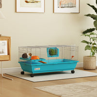 35"L Small Animal Cage, Rolling Bunny Cage, Guinea Pig Cage with Wheels, Food Dish, Water Bottle, Hay Feeder, Blue