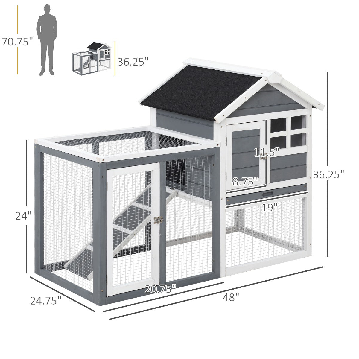 Indoor Rabbit Enclosure, 48" Weatherproof Wooden Rabbit Hutch, with Slanted Asphalt Roof & Fun Outdoor Run for Bunnies &