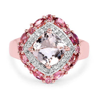 14K Rose Gold Plated 3.11 Carat Genuine Morganite, Pink Tourmaline & White Topaz .925 Sterling Silver Ring