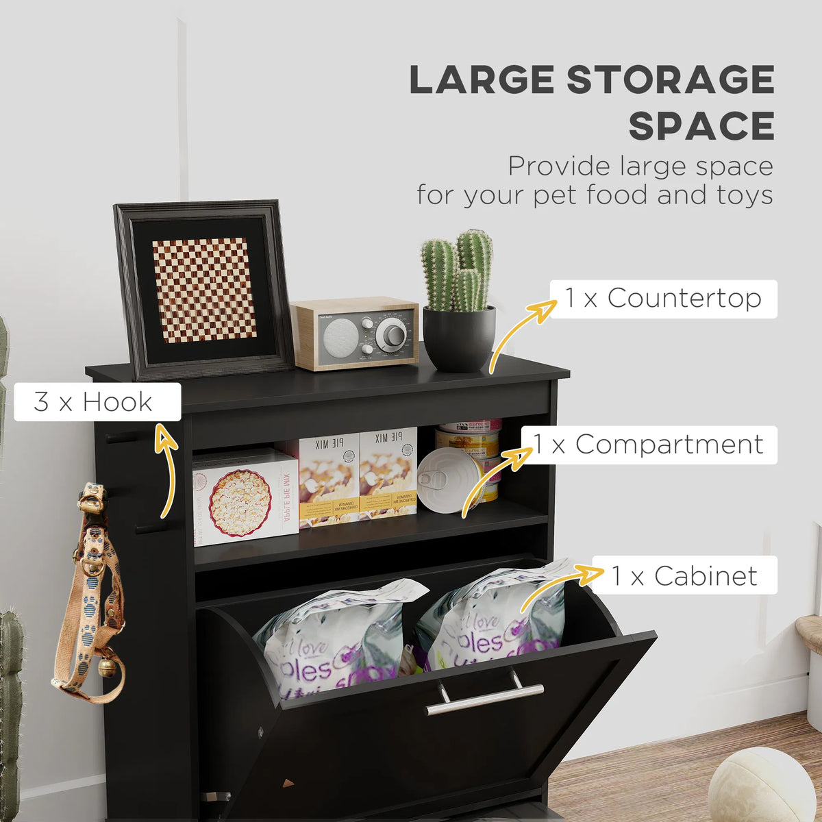 Pet Feeder Station Storage Cabinet, Dog Food Storage Container with Dog Raised Bowls, Watering Supplies, Black