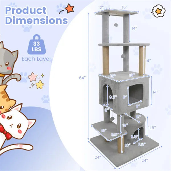 64" Light Gray Cat Tower With Plush Perches & 3 Dangling Balls, Jute Scratching Posts & Anti-Tipping Device For Multi-Ca