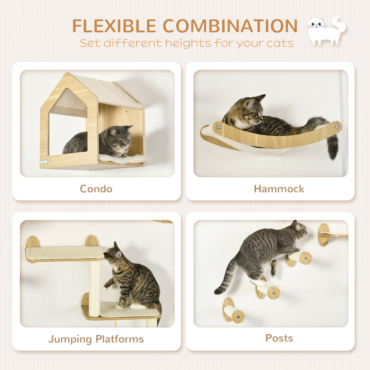 8PCs Cat Wall Shelves Pet Wall-mounted Climbing Shelf Set with Cushion Condo Scratching Posts Hammock Oak