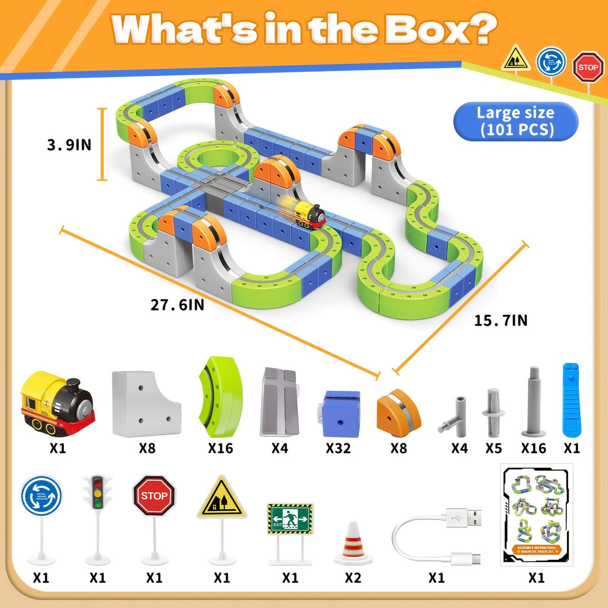 101-Piece Electric Train Track Toy Set Rechargeable Electric Train & DIY Assembly Track Kit Creative Building Block Raci