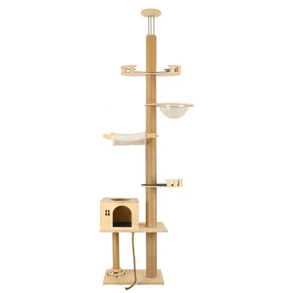 Floor To Ceiling Cat Tree, 6 Level Adjustable Height Climbing Tower With Thickened Scratching Posts, Cats Activity Cente