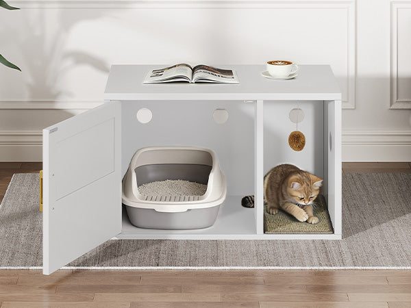Cat Litter Box Cabinet Multifunctional White Modern Cat House Washroom End Table For Bedroom Living Room