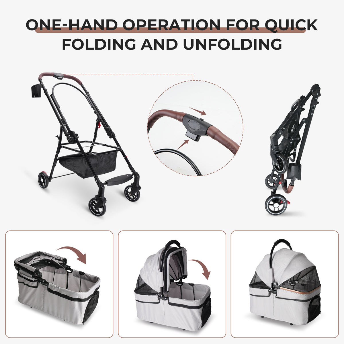 4-Wheel Foldable Pet Stroller For Small Dogs & Cats - 360 Rotating Wheels, Detachable Carrier & Travel Bag Included