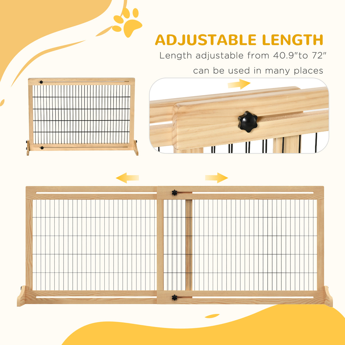 71" W x 27" H Extra Wide Freestanding Pet Gate with Adjustable Length Dog, Cat, Barrier for House, Doorway, Hallway, Nat