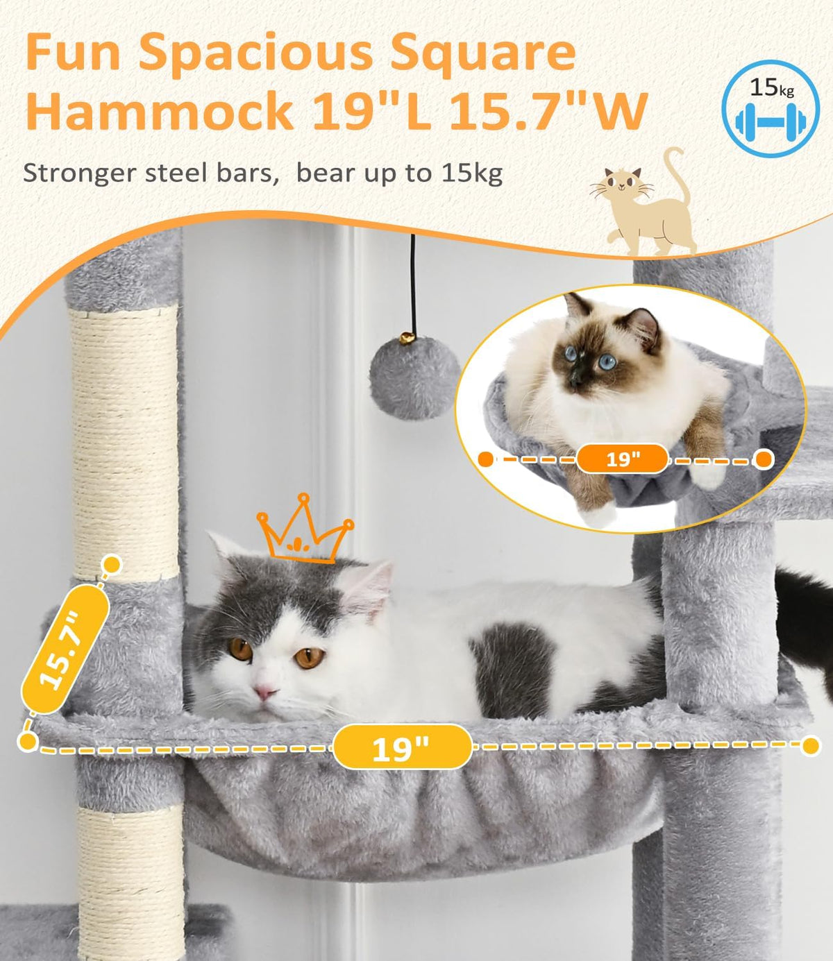 ABCPET Large Cat Tree, Cat Tower, Multi-Tier, Indoor Cat, Sisal Scratching Post, Widened Cat Perching Post, Square Hammo