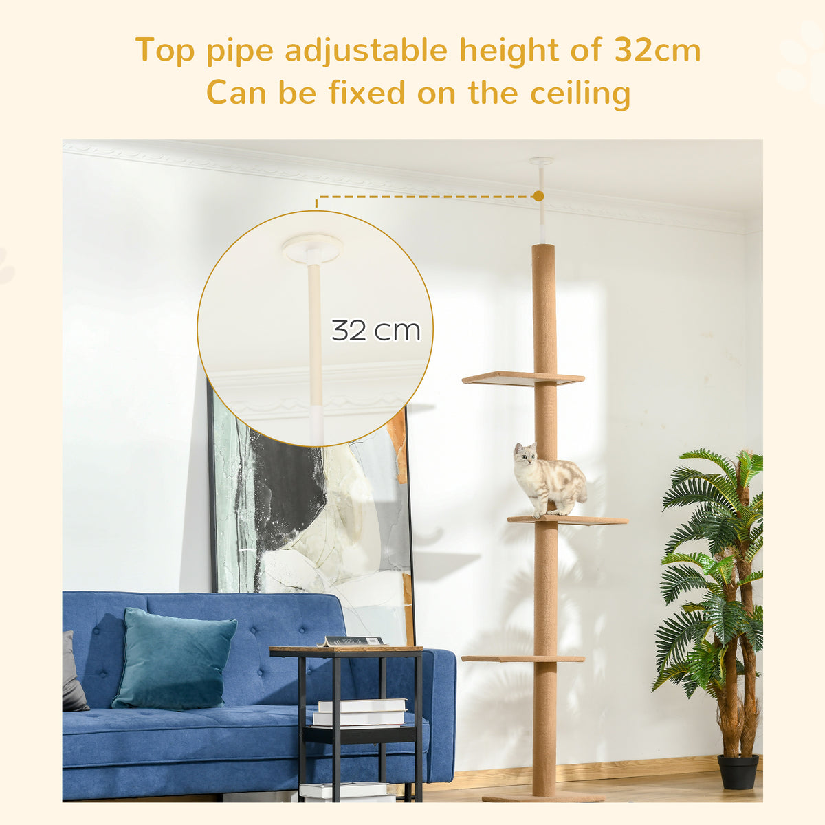 Floor-to-Ceiling Cat Tree Cat Climbing Tower with Sisal-Covered Scratching Posts Natural Cat Tree Activity Center for Ki