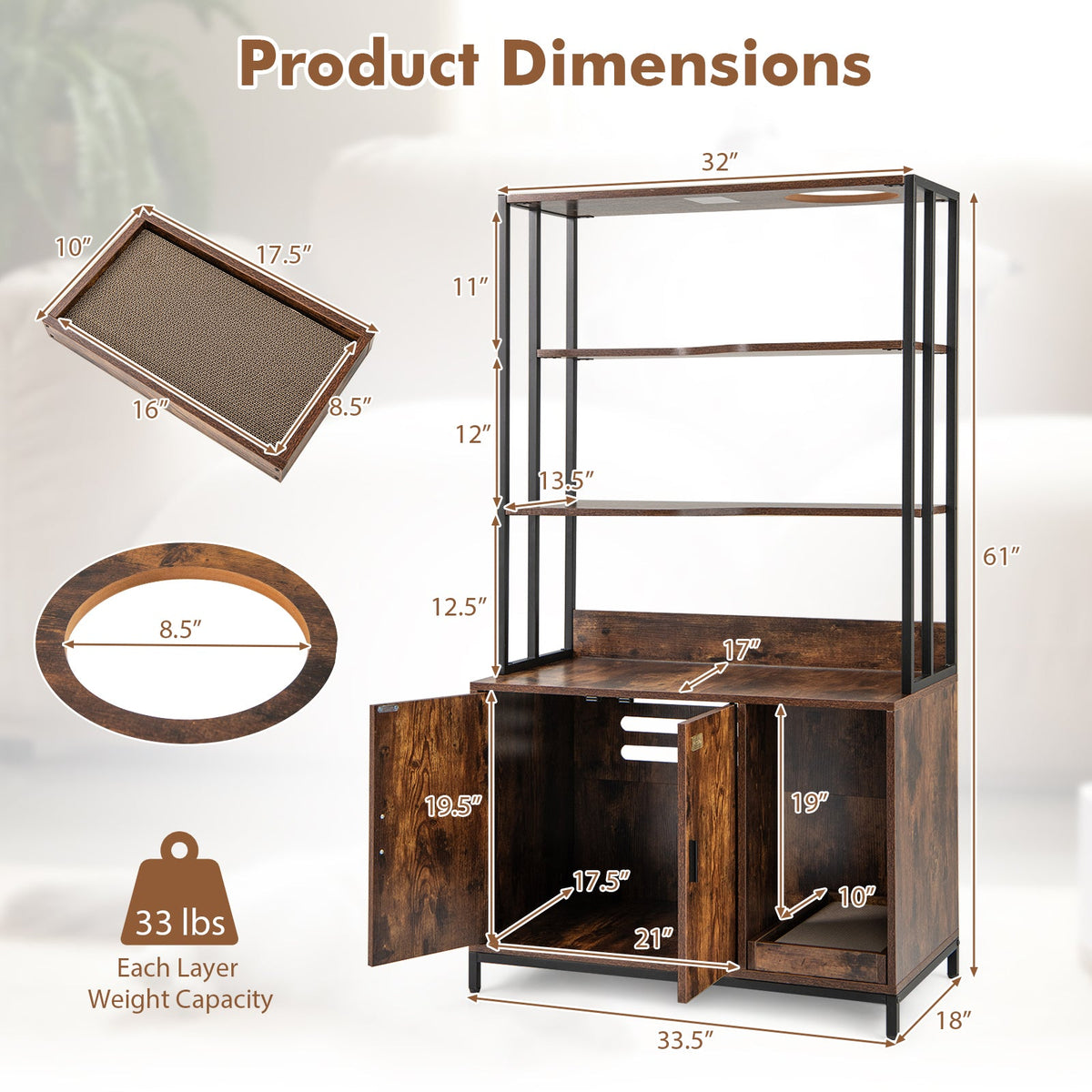 Cat Litter Box Enclosure with Storage and 3-tier Shelves