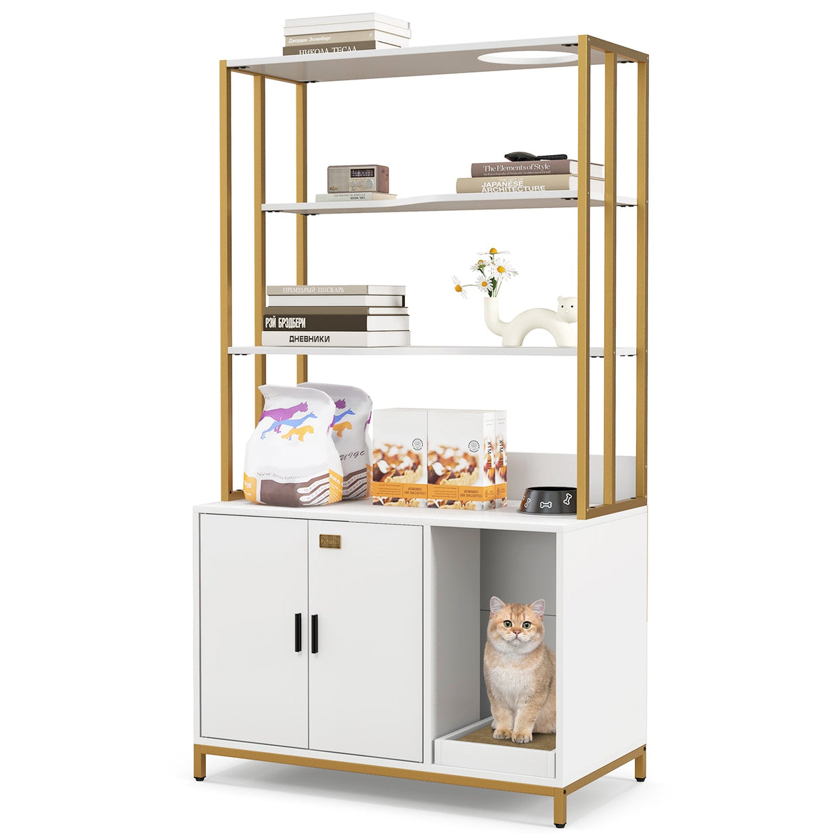 Cat Litter Box Enclosure with Storage and 3-tier Shelves