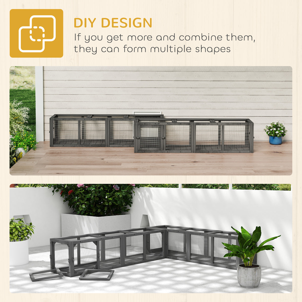 Outdoor Cat Tunnel, 59" Wooden Play Cat Enclosure, Extendable Pet Run with 3 Doors for Kitty, Puppy, Gray
