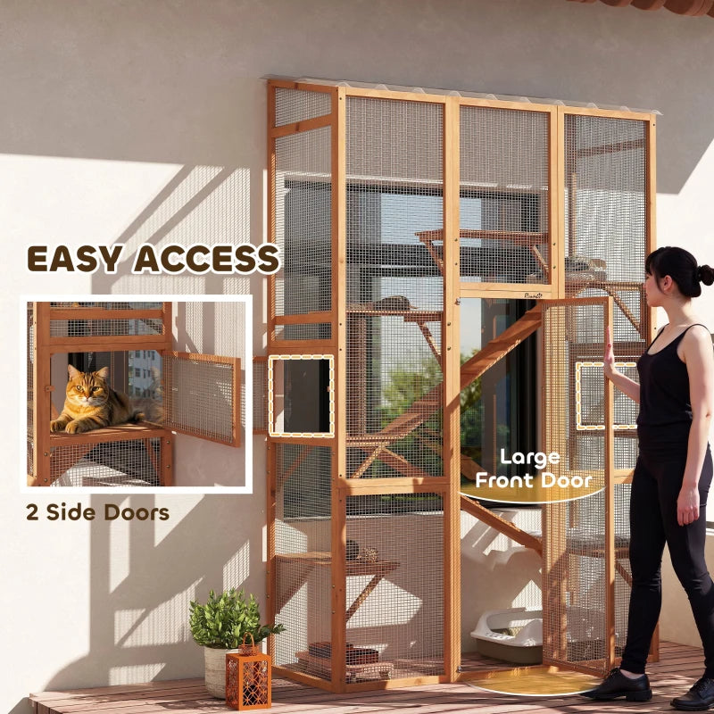 Outdoor Catio Cat Enclosure, Large Wooden Cat House With 6 Jumping Platforms, Scratching Post.For Multiple Packages Ship