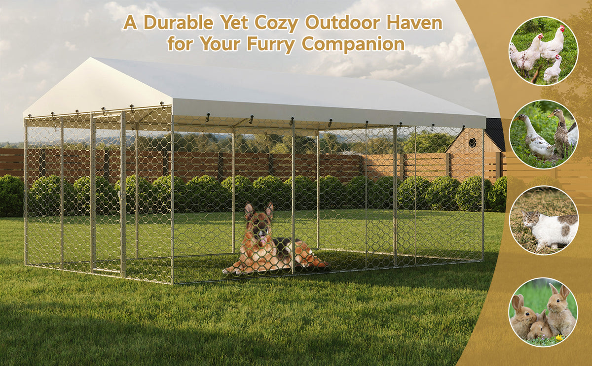 15x10 FT Large Outdoor Dog Kennel with Canopy, Heavy Duty Galvanized Steel Frame, Waterproof Cover, All-Weather Protecti