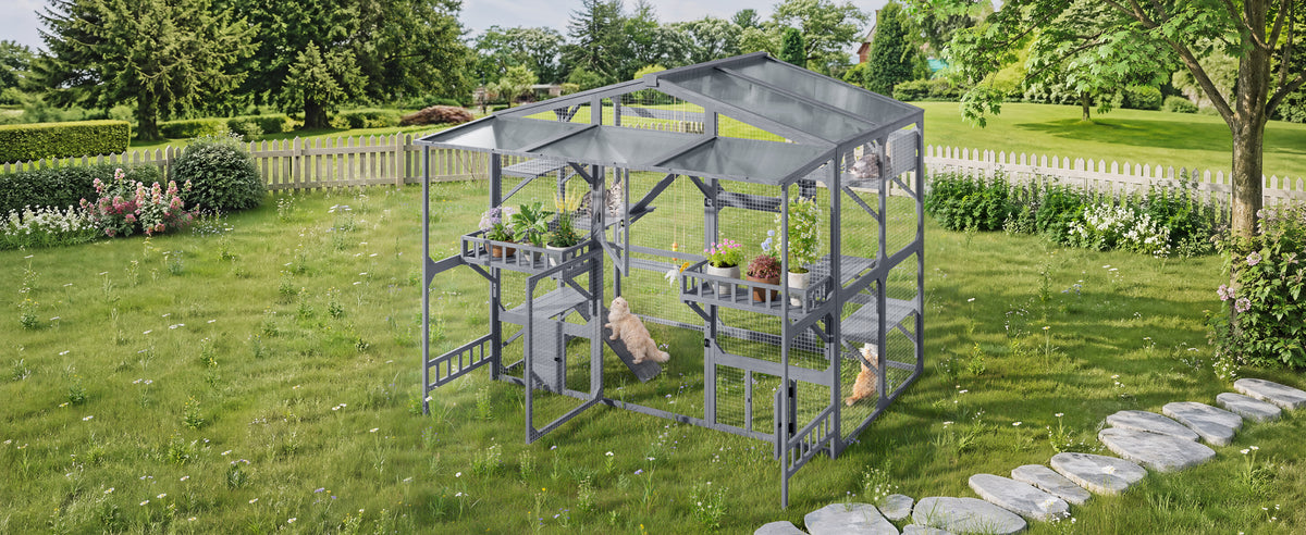 Large Outdoor Catio for 6-10 Cats, Pine Wood Cat Cage Outdoor with Weatherproof Roof, 6 Platforms, Climbing Ramp, 1 Rest