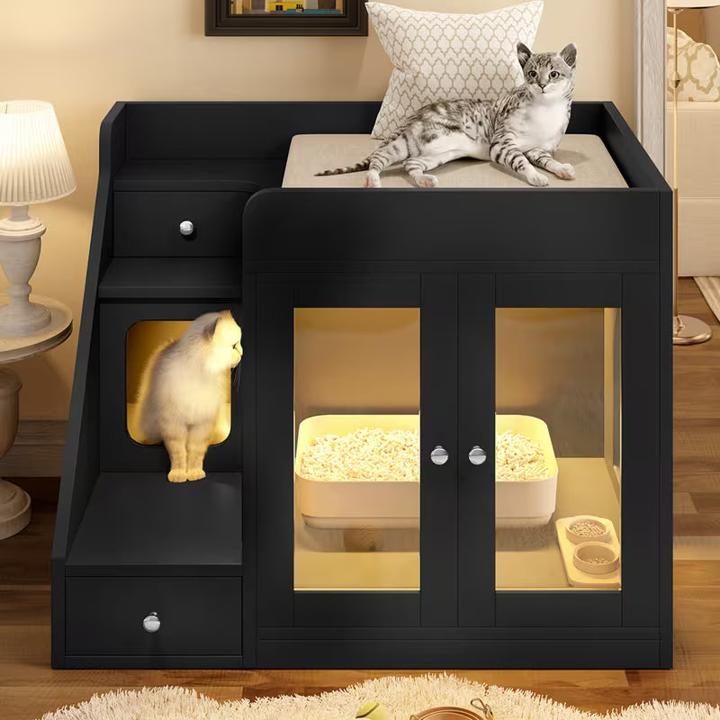Litter Box Enclosure Cabinet with LED Light – 2-Drawer Cat House Side Table, White/Black/Gray