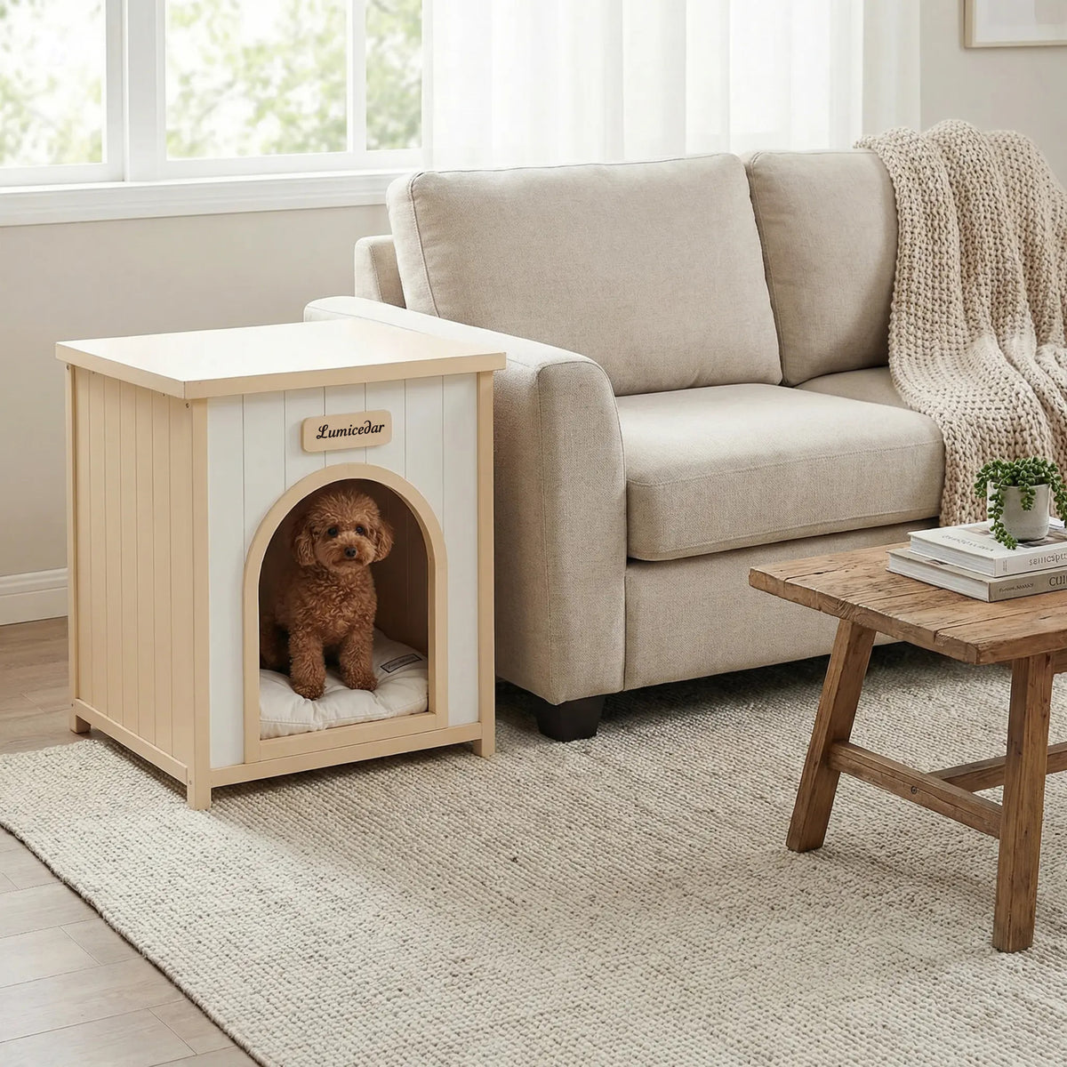 Modern Indoor Wooden Dog House with Removable Cushion – Solid Cedar Pet House for Small Dogs & Cats, Furniture-Grade Sca