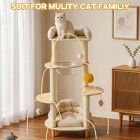 Modern Heavy-Duty No-Drill 4-Tier Solid Wood Cat Tree- 45.7in Multi-Cat Tower With Cozy Bed, Capsule & Extra Wide Perch