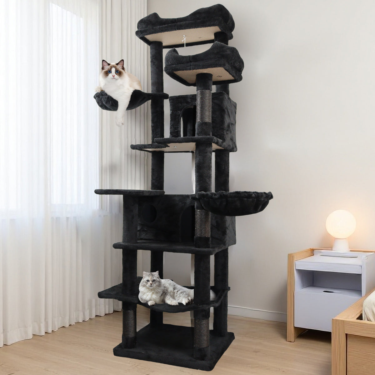 68in Tall Multi-Level Green Cat Tree with Hammocks, Hanging Basket, Cat Cave, Removeable Cushion, Scratching Posts - Plu
