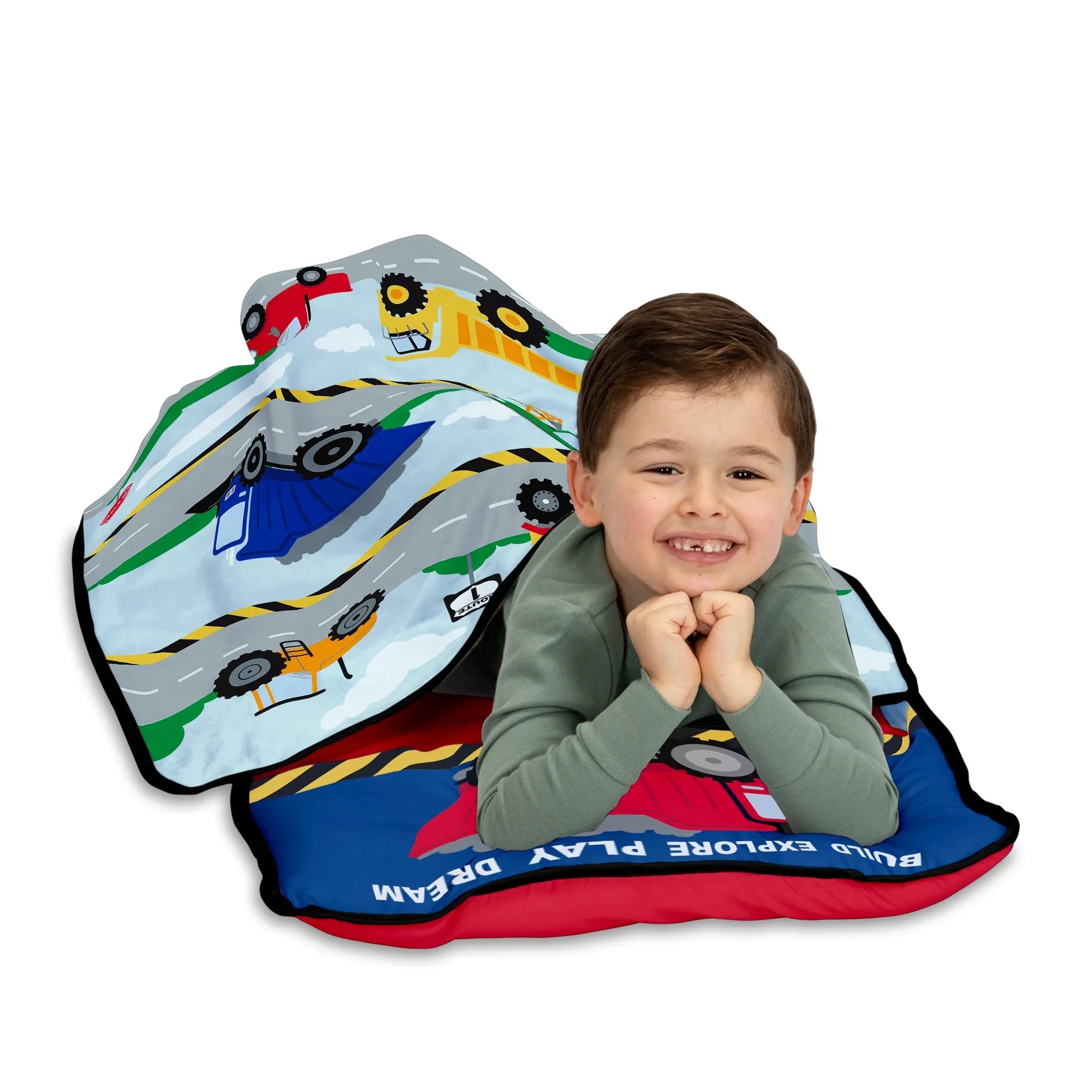 Construction Toddler Nap Mat - Includes Removable Pillow and Attached Fleece Blanket - BIG FRENCHIES