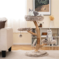 4-Level Natural Pear Wood Cat Tree - 19.5"x35.5", Jute Scratch Posts + Plush Ball, Long Plush