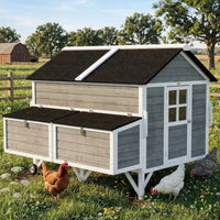 Wooden Chicken Coop W Wheels, Handles, 2 Nesting Boxes, 2 Trays, 4 Perches, Chicken Tractor For 4-6 Chickens, GrayFor Mu