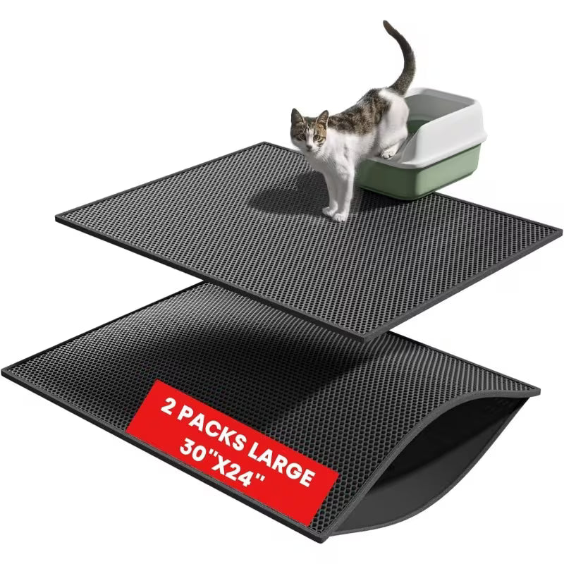 Large Cat Litter Trapper Mat with Exclusive Urine/Waterproof Layer - Cat Litter Mat - Larger Holes with Urine Puppy Pad Option for Messy Cats - Soft on Paws and Light - 30" x 24" (Black) - 2pk
