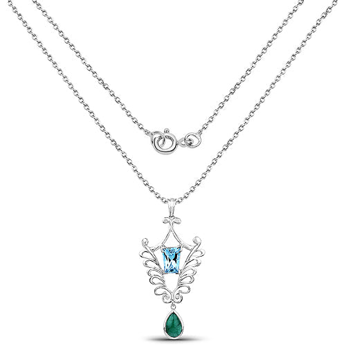 9.23 Carat Genuine Emerald and Swiss Blue Topaz .925 Sterling Silver Pendant