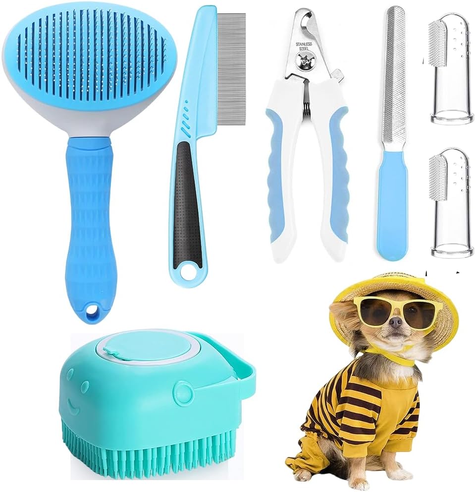 7pcs Pet Grooming Kit, Self-Cleaning Brush Shedding Kit With Nail Clipper, Flea Comb, Shampoo Bath Brush, Finger Toothbr