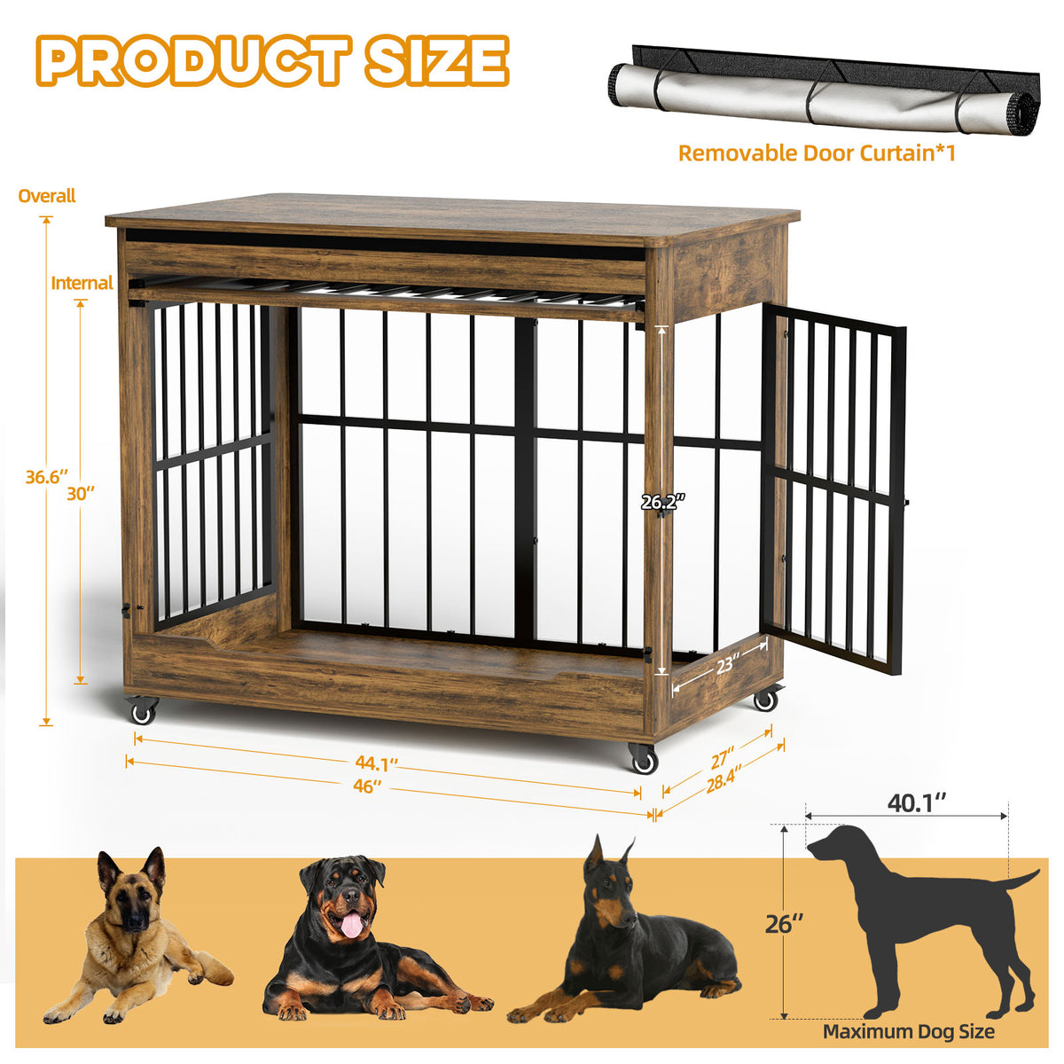 46in Large Dog Crate Furniture, Double Door Wooden Indoor Dog Kennel Furniture, Decorative Pet Cage End Table With Wheel