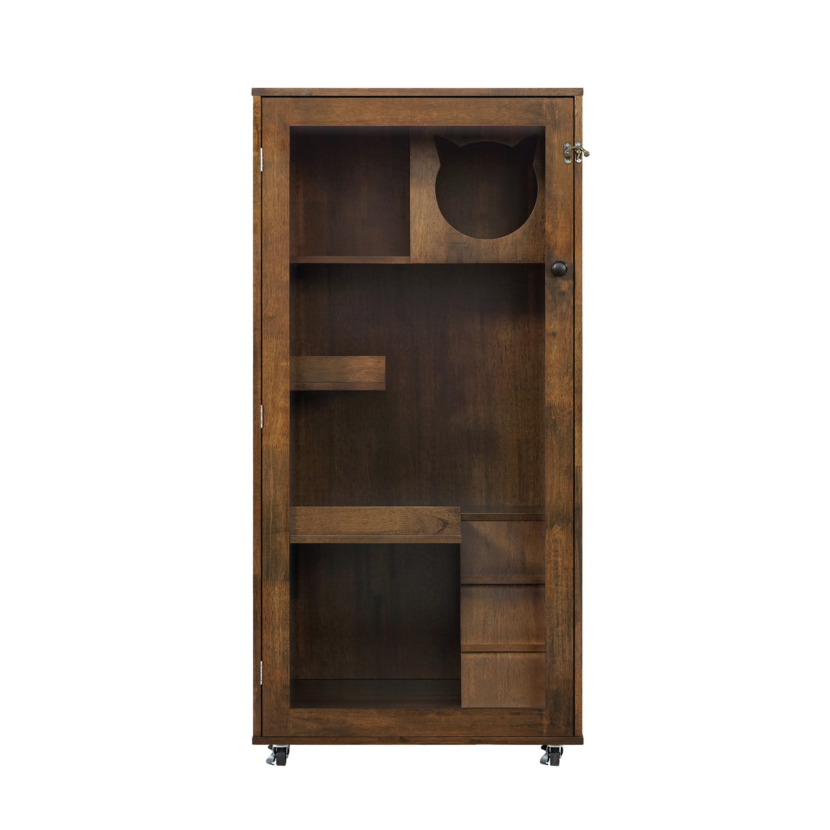 Basia Indoor Rubber Wood Cat Cabinet with Wheels, Ventilated Indoor Cat Condo with Multi-Level Shelves & Lockable Door, 