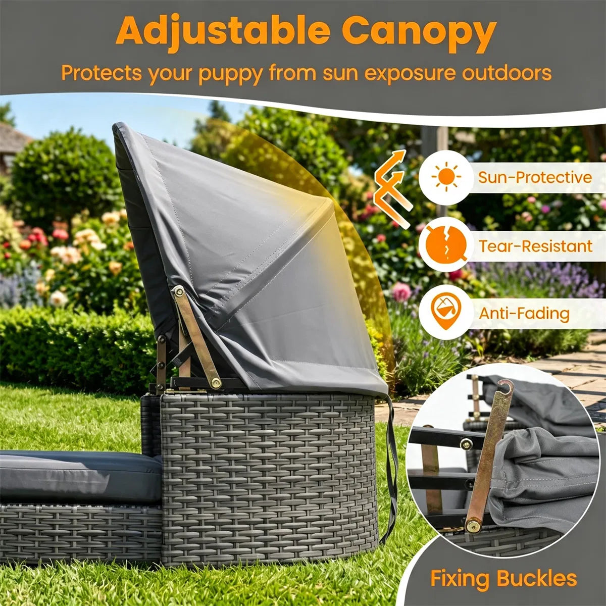 Gray Hand-Woven PE Rattan Dog Bed with Adjustable Canopy, Elevated Outdoor Pet Daybed with Washable Plush Cushion, Anti-