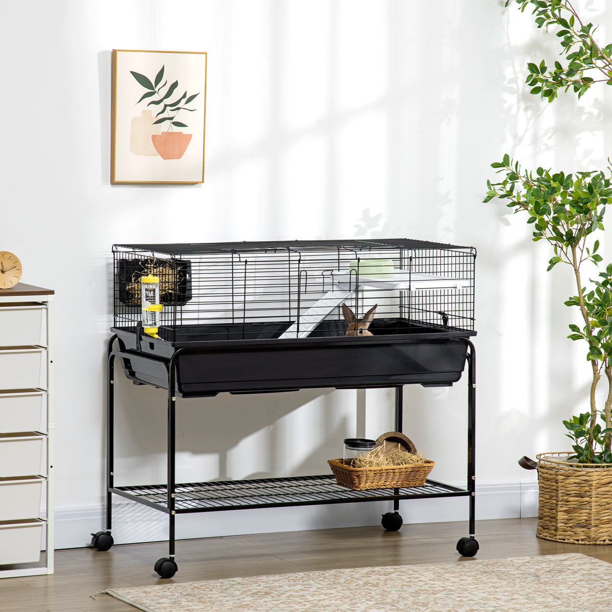 Two-Story Small Animal Cage Removable from Stand, Guinea Pig Cage with Shelf & Wheels, Pet Habitat for Hedgehog, Chinchi