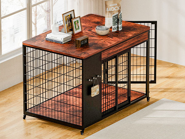 42-Inch Double Wide Wooden Double-Door Dog Crate Side Table Combo - Heavy-Duty DIY Assembly, Chew-Resistant Construction