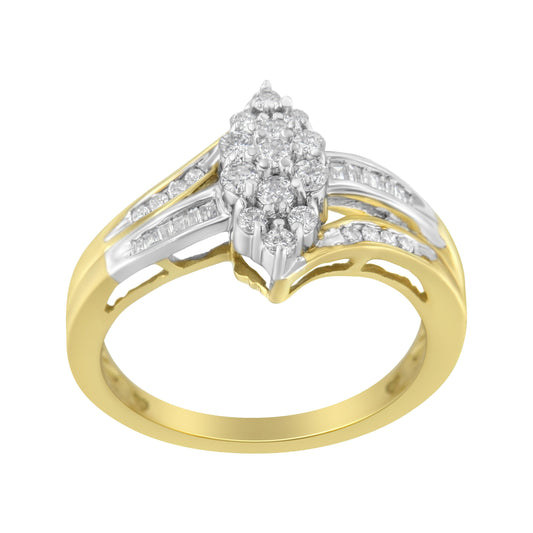 10K Yellow and White Gold 1/2 Cttw Diamond Marquise Shaped Cluster Split Shank Ring (H-I Color, SI2-I1 Clarity) - Size 7
