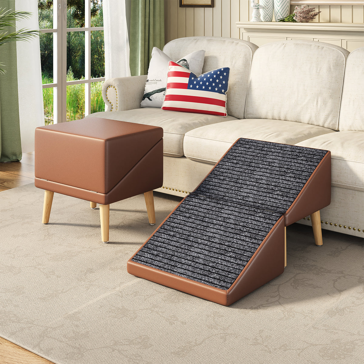 3-in-1 Dog Ramp 18.89"×17.91"×20.08" with Storage – Pet Stairs for Senior & Injured Dogs & Cats, Hidden Storage Footstoo