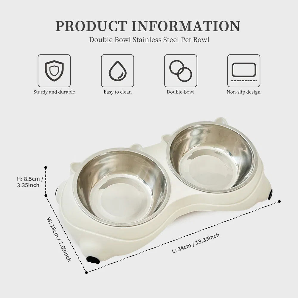 Anti Slip Base Double Cat Food Bowl, White Stainless Steel Food And Water Bowl, Easy To Clean And Detachable Design, Cat