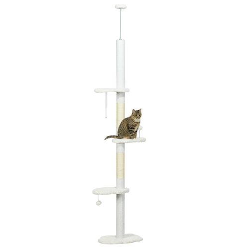 PawHut Floor To Ceiling Cat Tree With Scratching Posts, 88.5-100.5 Adjustable Height, Cat Climbing Tower With Cloud Shap