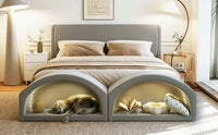Queen Size Upholstered Platform Bed Frame with Dual Cat Caves, LED Lighted Pet Nests at Footboard, Gray
