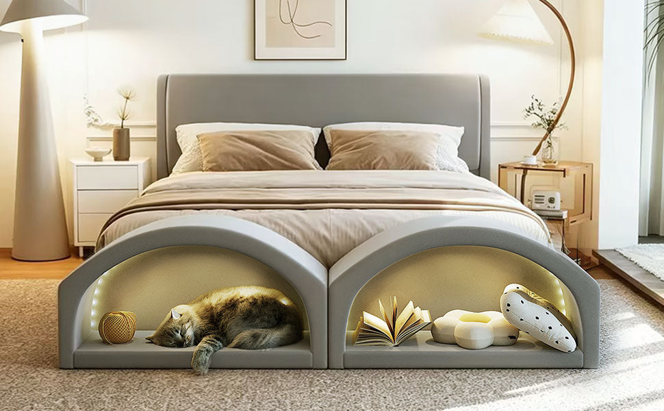 Queen Size Upholstered Platform Bed Frame with Dual Cat Caves, LED Lighted Pet Nests at Footboard, Gray